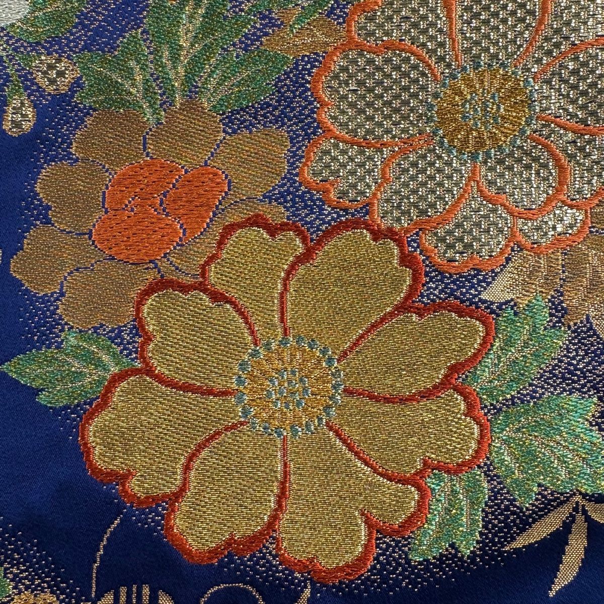 袋帯 秀品 花丸文 笹蔓 刺繍 金銀糸 紺色 全通 正絹