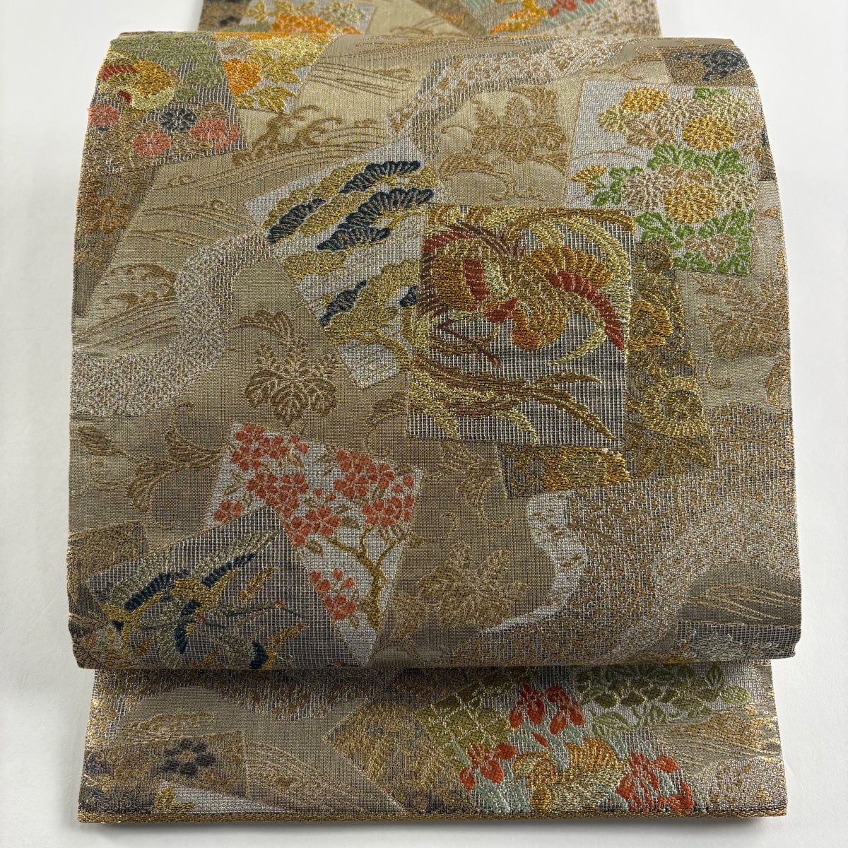 袋帯 秀品 紋屋相模 飛香舎 色紙 花鳥 金銀糸 箔 銀色 六通 正絹