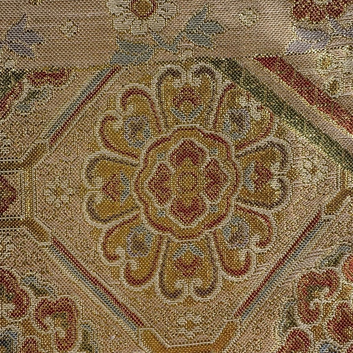 袋帯 秀品 蜀江華文 草花 金糸 箔 ベージュ 六通 正絹