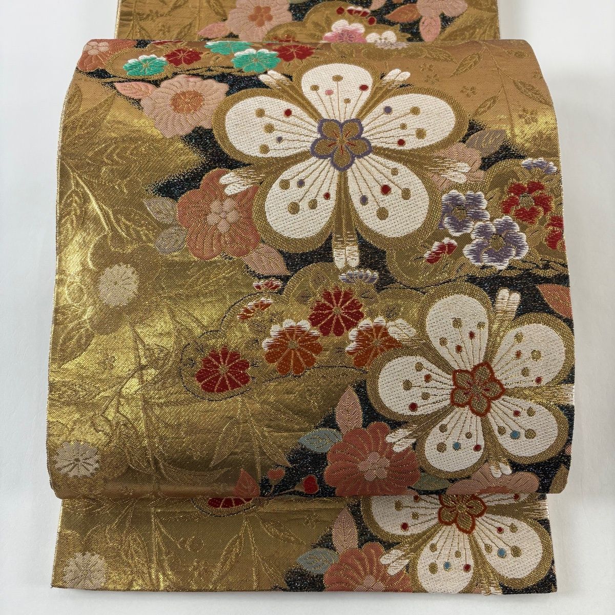 袋帯 秀品 梅 菊 金糸 箔 金色 六通 正絹