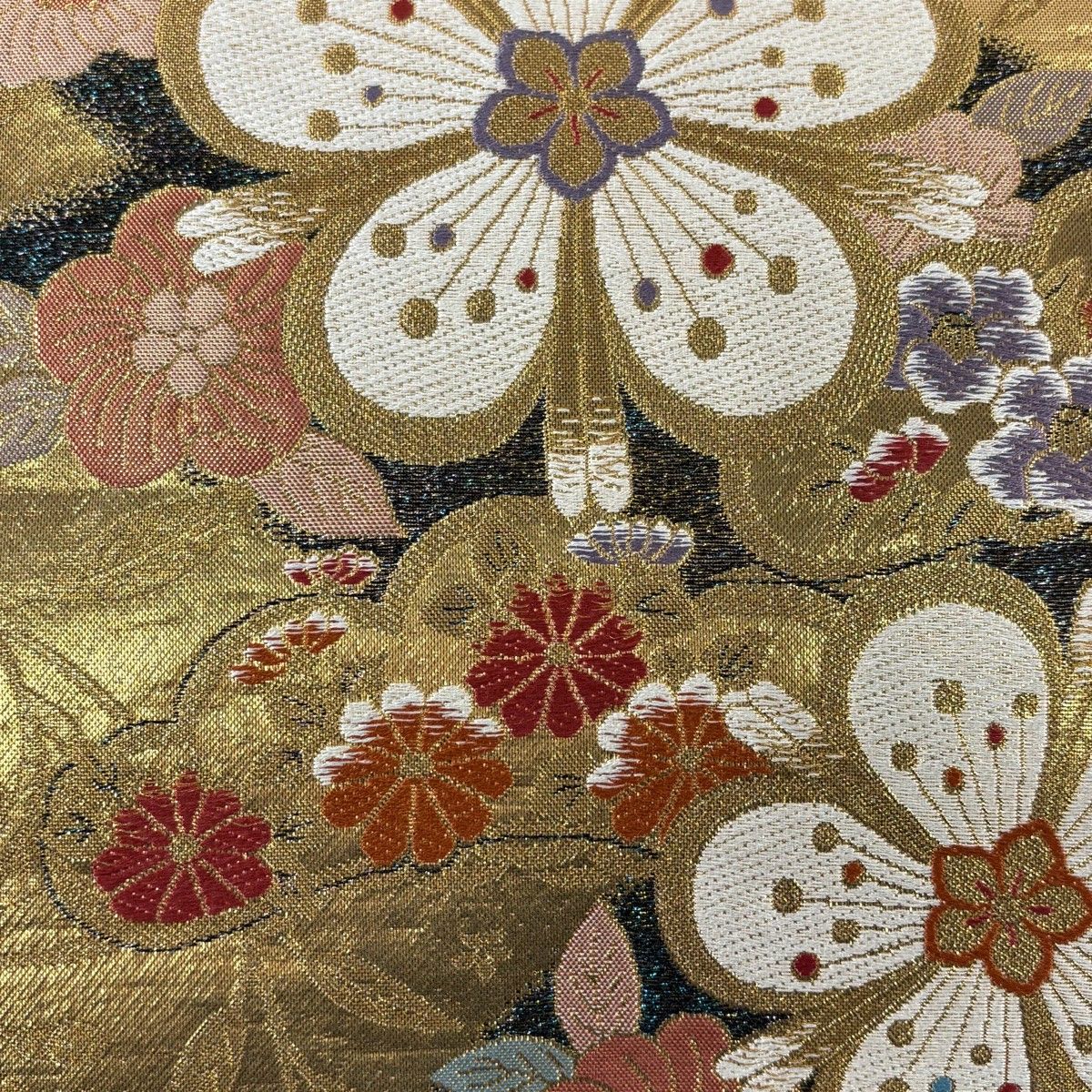 袋帯 秀品 梅 菊 金糸 箔 金色 六通 正絹