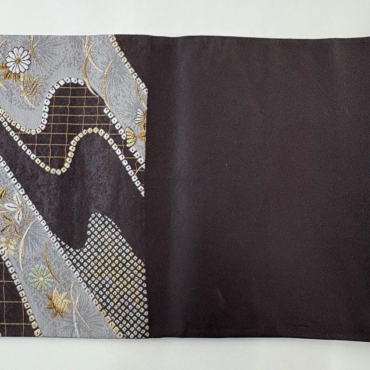  袋帯 秀品 菊 格子 金糸 茶色 六通 正絹 袋帯 帯