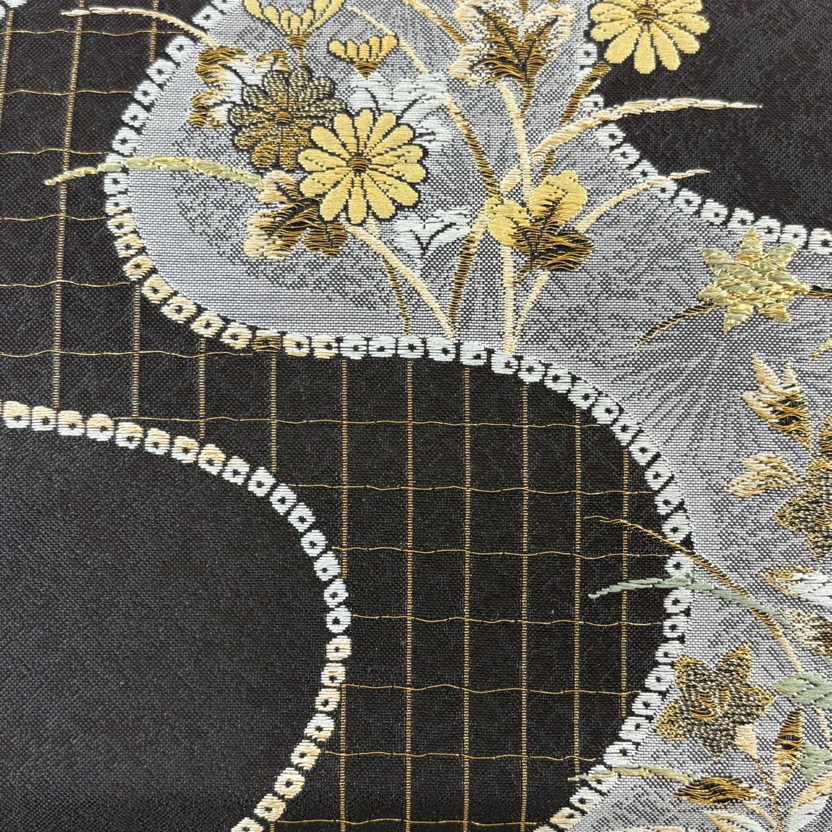 袋帯 秀品 菊 格子 金糸 茶色 六通 正絹