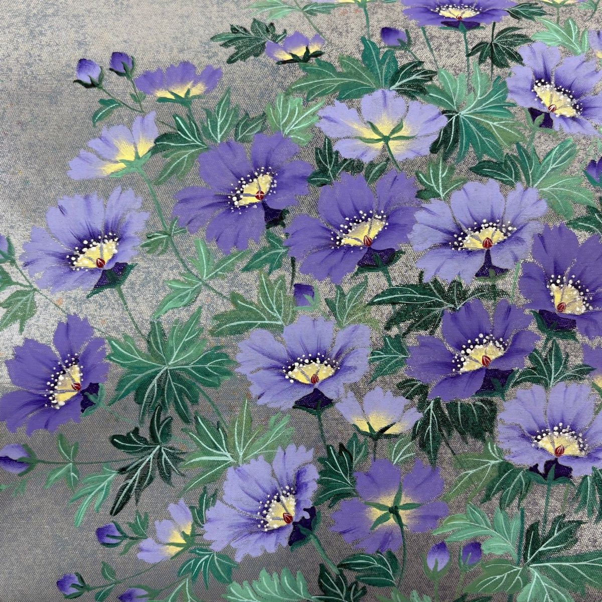 袋帯 秀品 落款 草花 箔 青灰色 六通 正絹