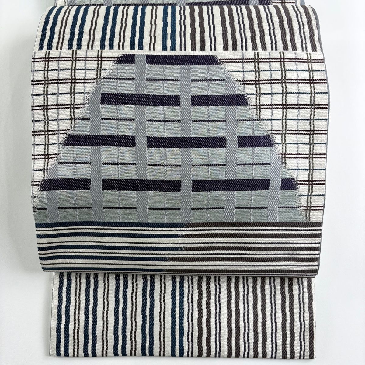 袋帯 秀品 縞 格子 銀糸 灰白 六通 正絹