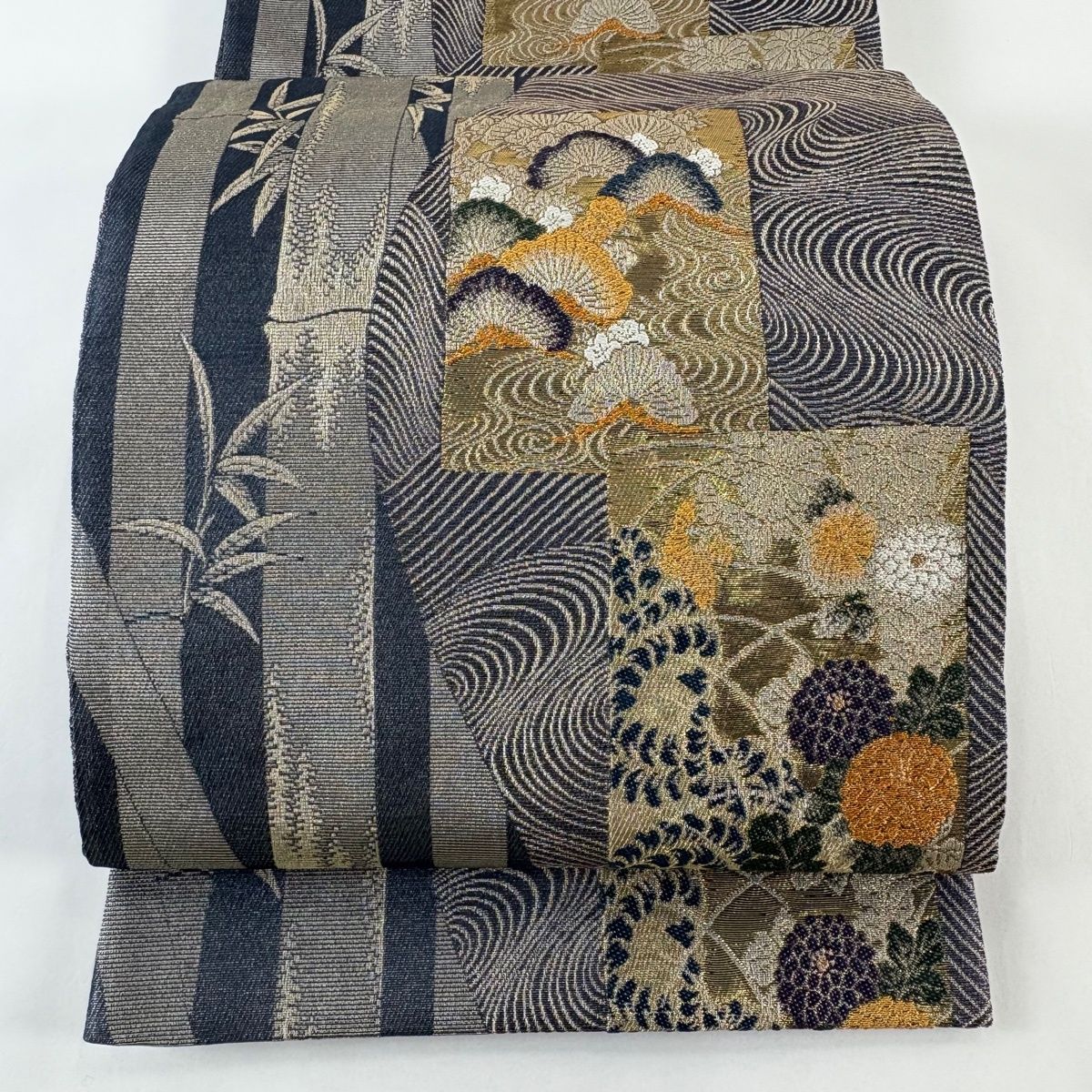 袋帯 秀品 色紙 竹 金糸 箔 灰紫 六通 正絹