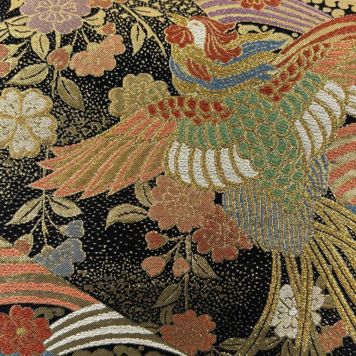 袋帯 秀品 鳳凰 桜 箔 ラメ糸 黒 六通 正絹