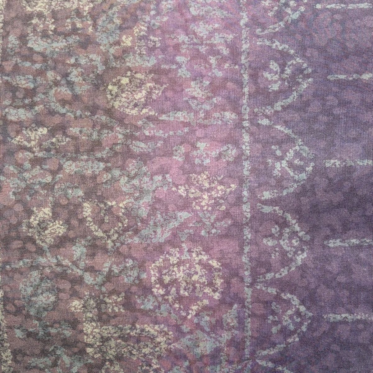 名古屋帯 秀品 鳥 草花 ぼかし 灰紫 正絹