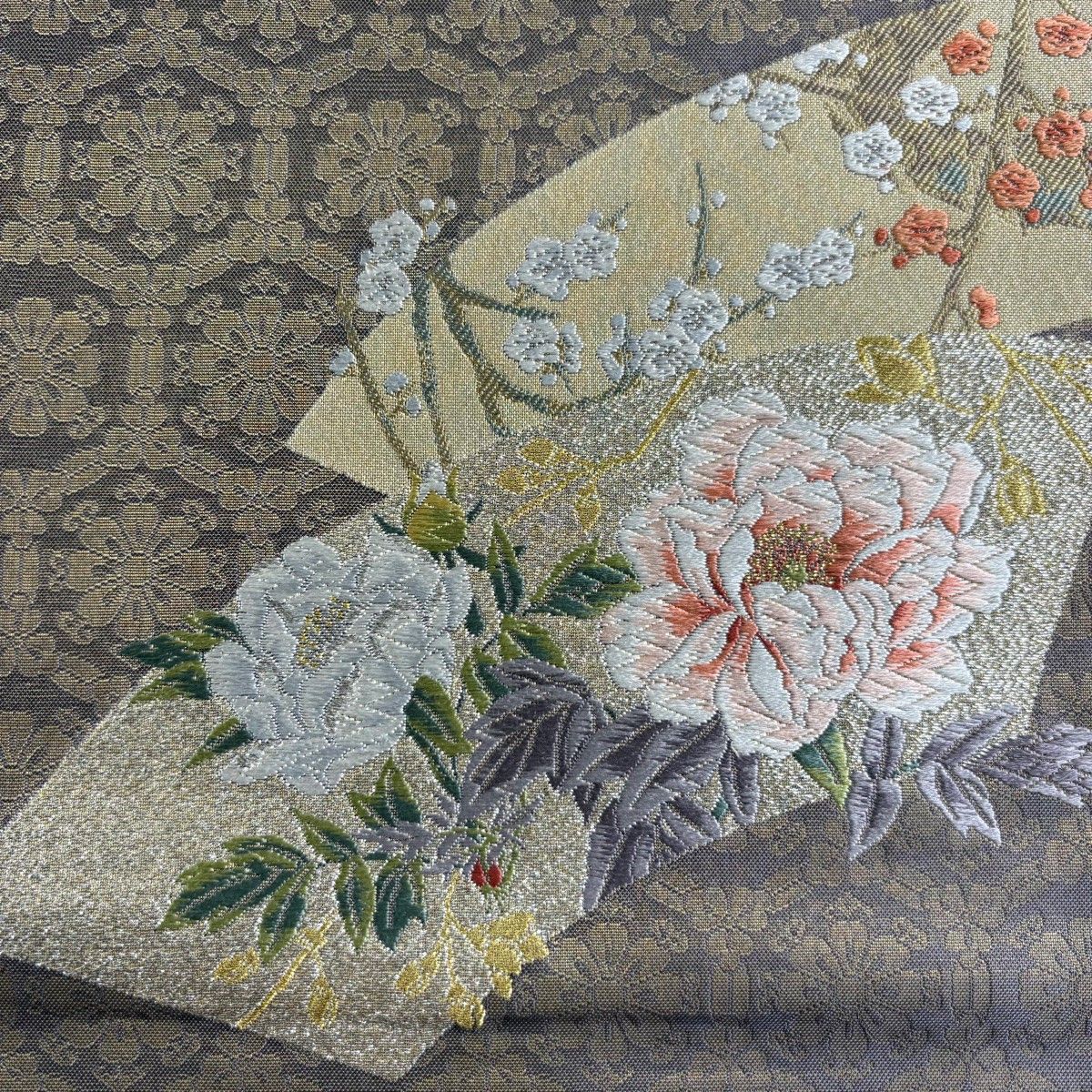 名古屋帯 秀品 落款 扇面 草花 金糸 刺繍 灰紫 正絹