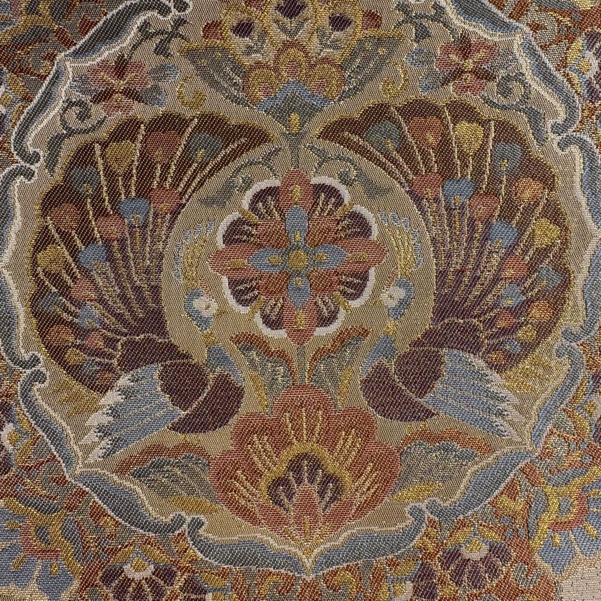 袋帯 秀品 向かい鳥 花丸文 金糸 箔 ベージュ 六通 正絹 【中古