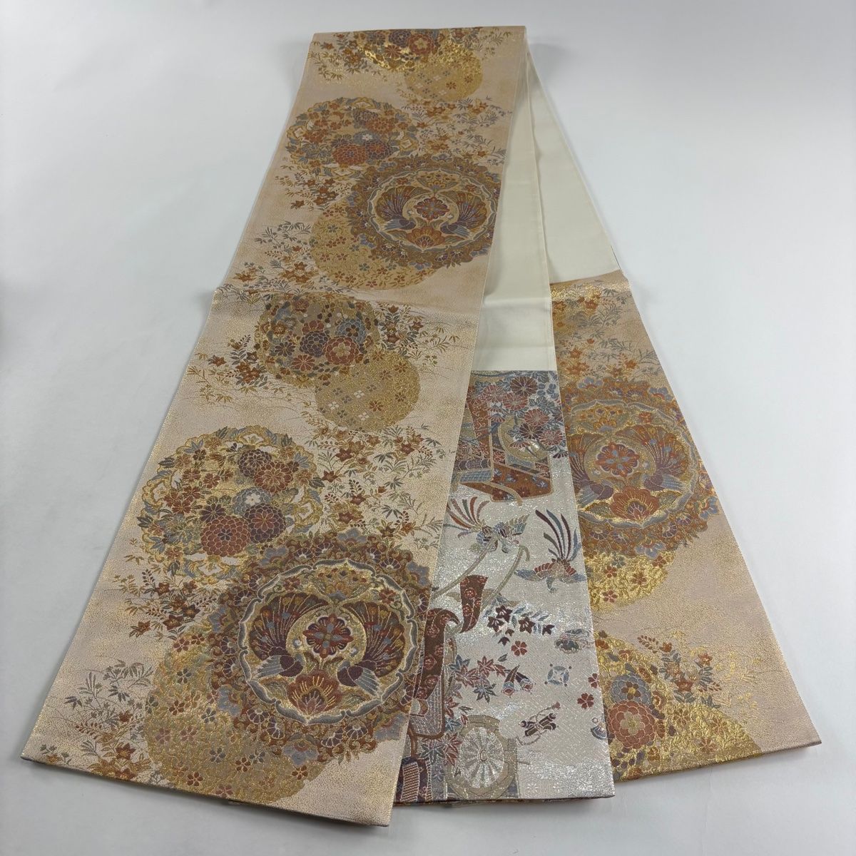 袋帯 秀品 向かい鳥 花丸文 金糸 箔 ベージュ 六通 正絹 【中古