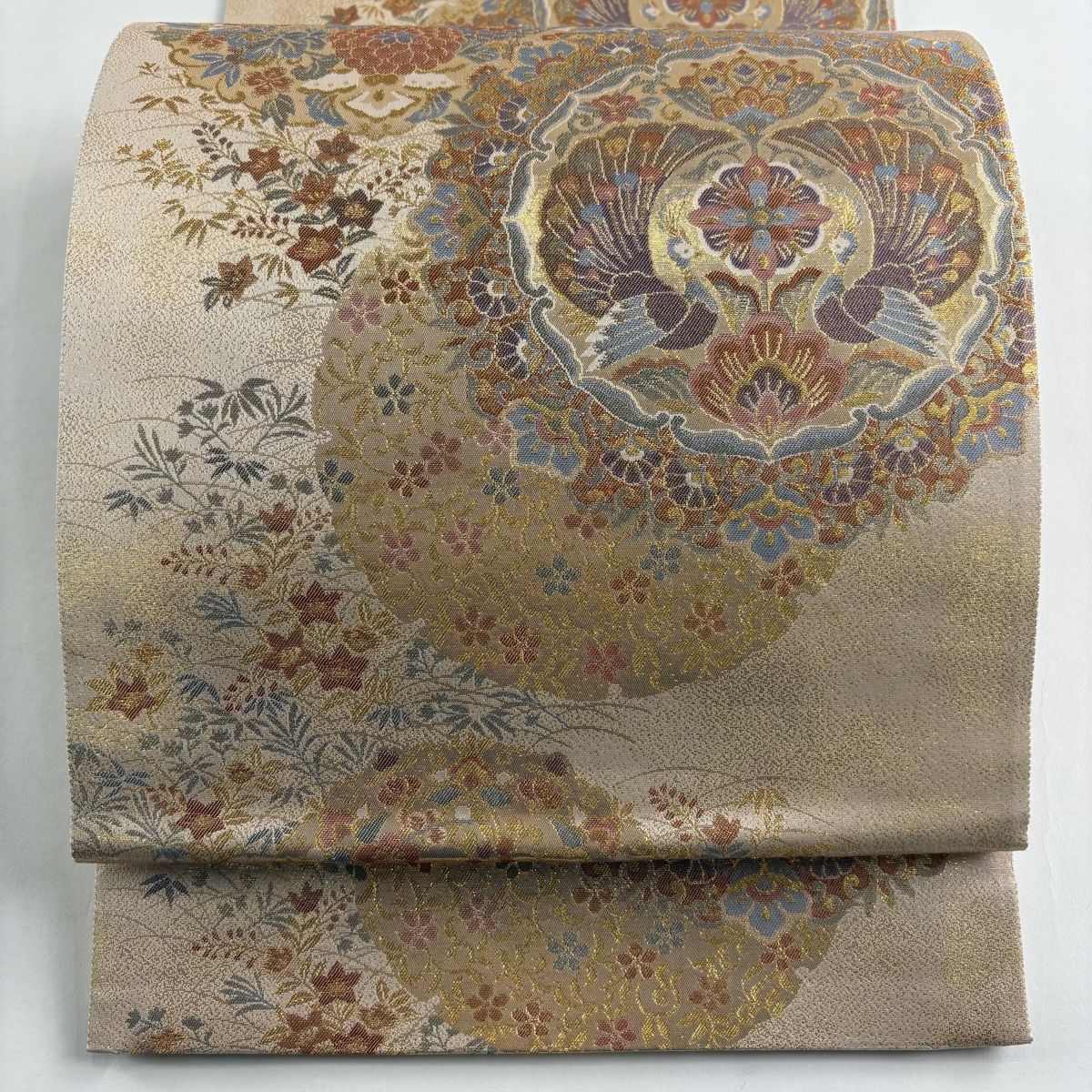 袋帯 秀品 向かい鳥 花丸文 金糸 箔 ベージュ 六通 正絹 【中古