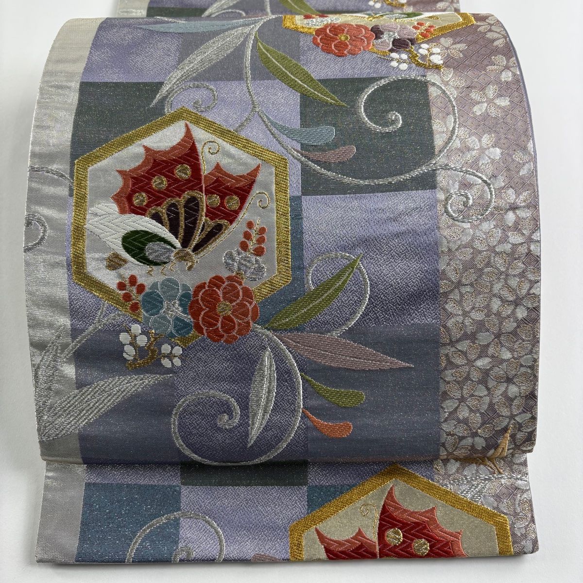 袋帯 秀品 振袖向き 蝶 唐草 金銀糸 箔 灰紫 六通 正絹