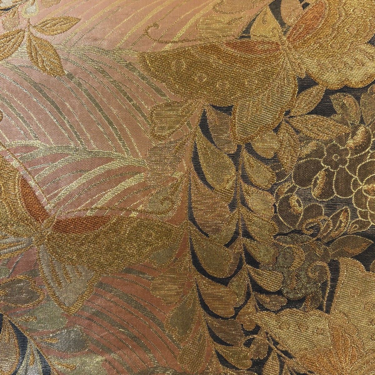 袋帯 秀品 蝶 波 金糸 箔 金色 六通 正絹