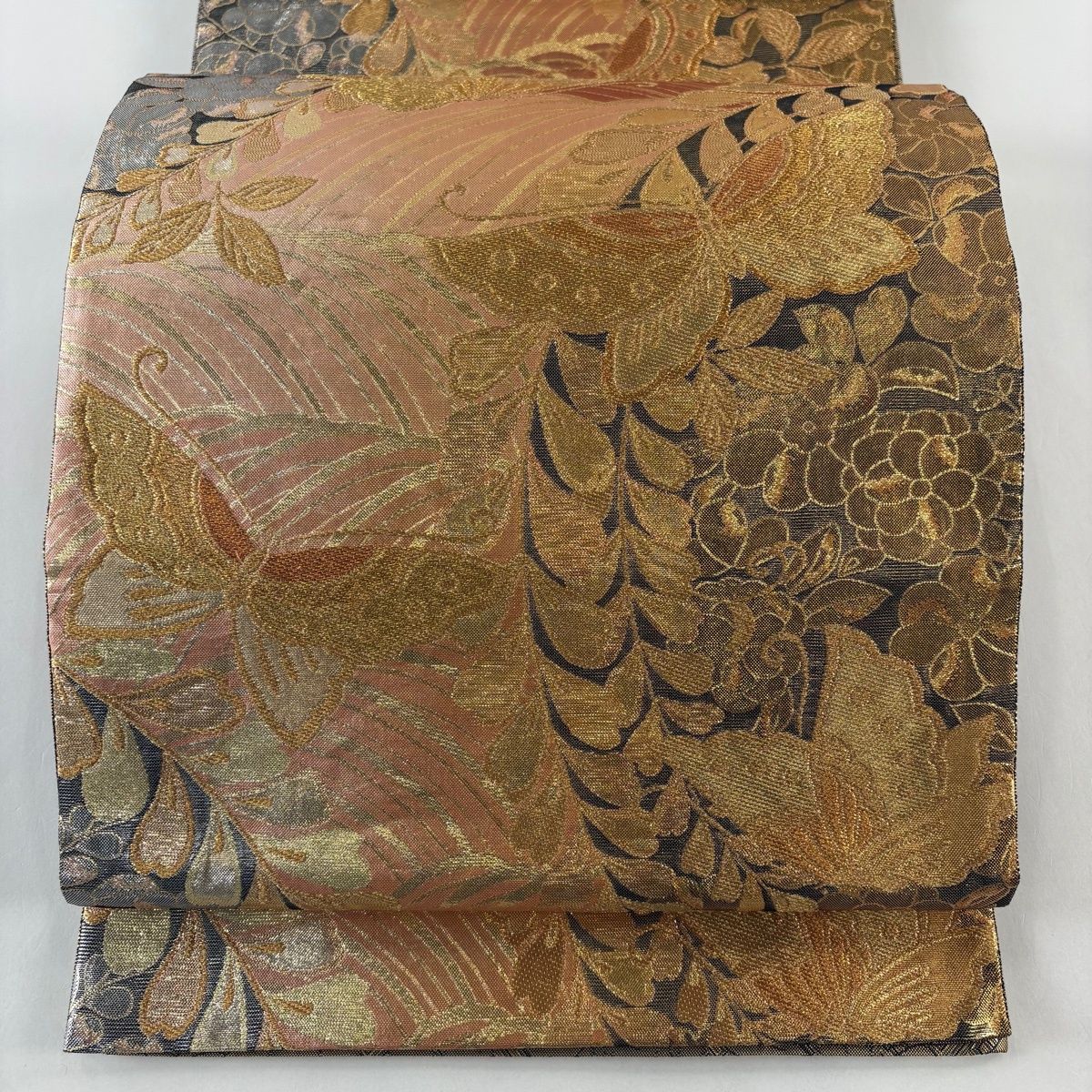 袋帯 秀品 蝶 波 金糸 箔 金色 六通 正絹