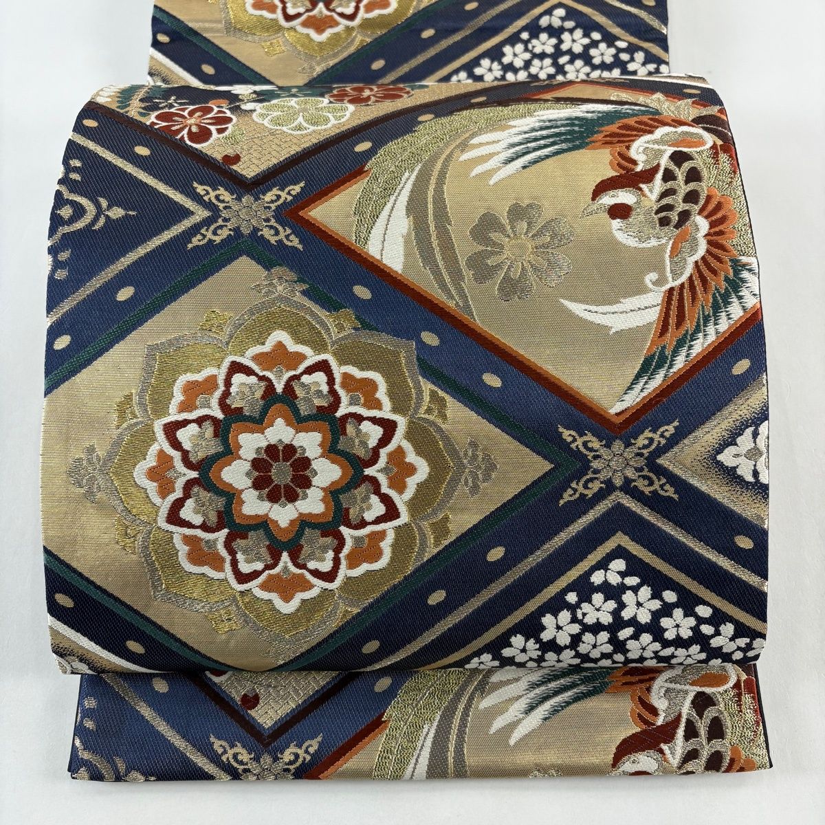 袋帯 秀品 華文 鳳凰 金糸 箔 濃紺 六通 正絹