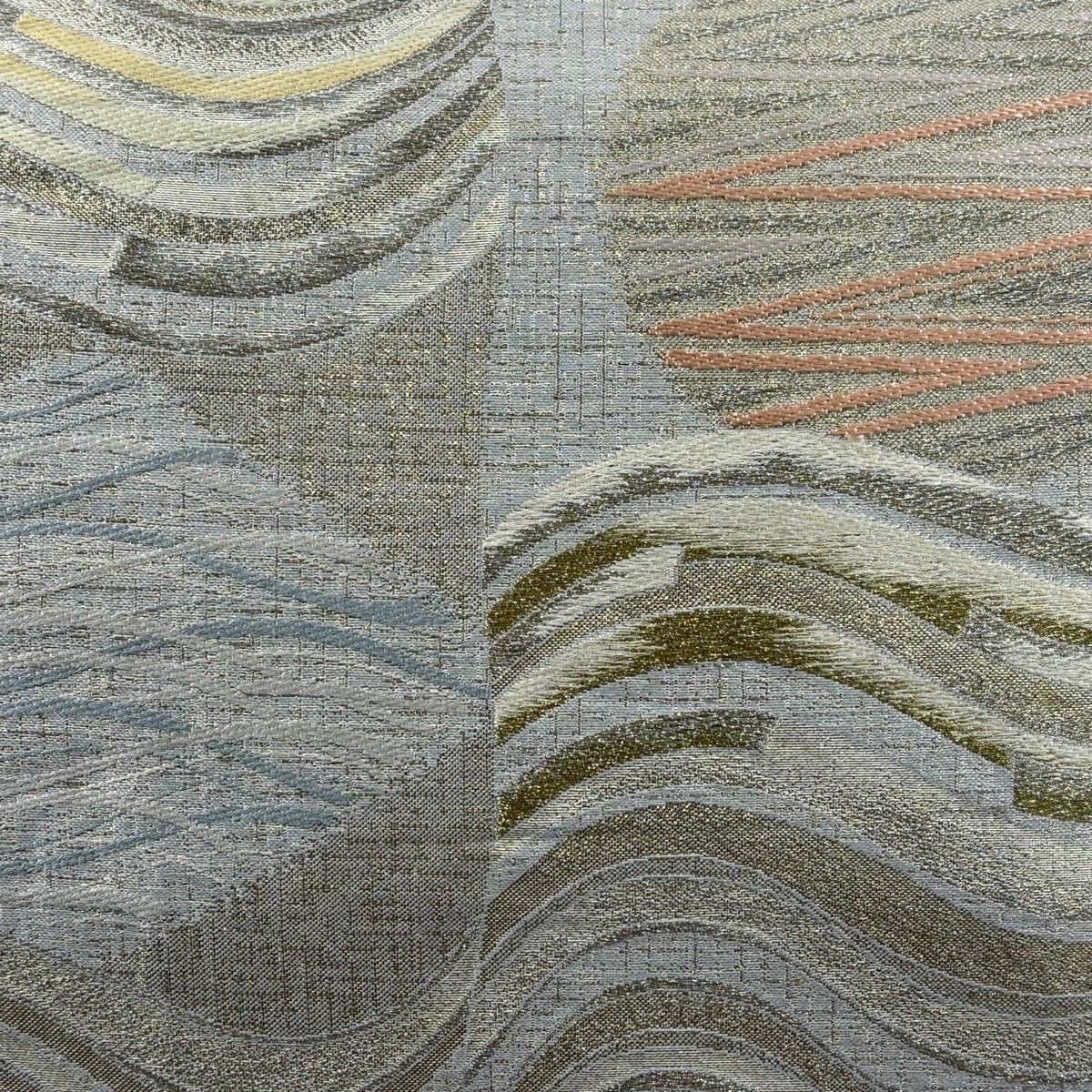 袋帯 秀品 波 幾何学模様 金銀糸 箔 灰白 六通 正絹