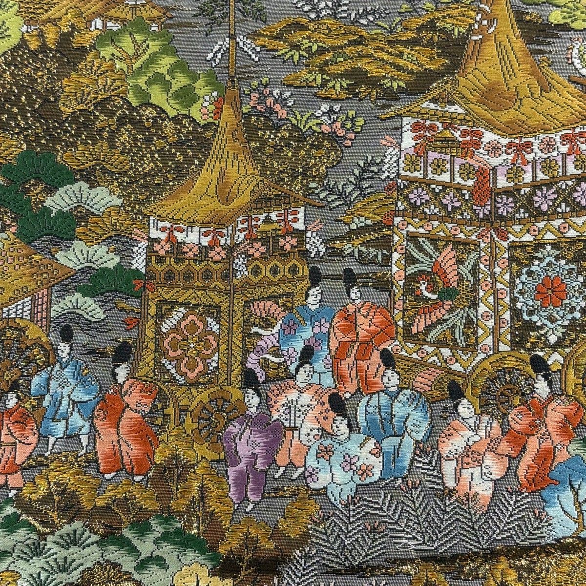 袋帯 秀品 山鉾 人物 金糸 箔 金茶 全通 正絹