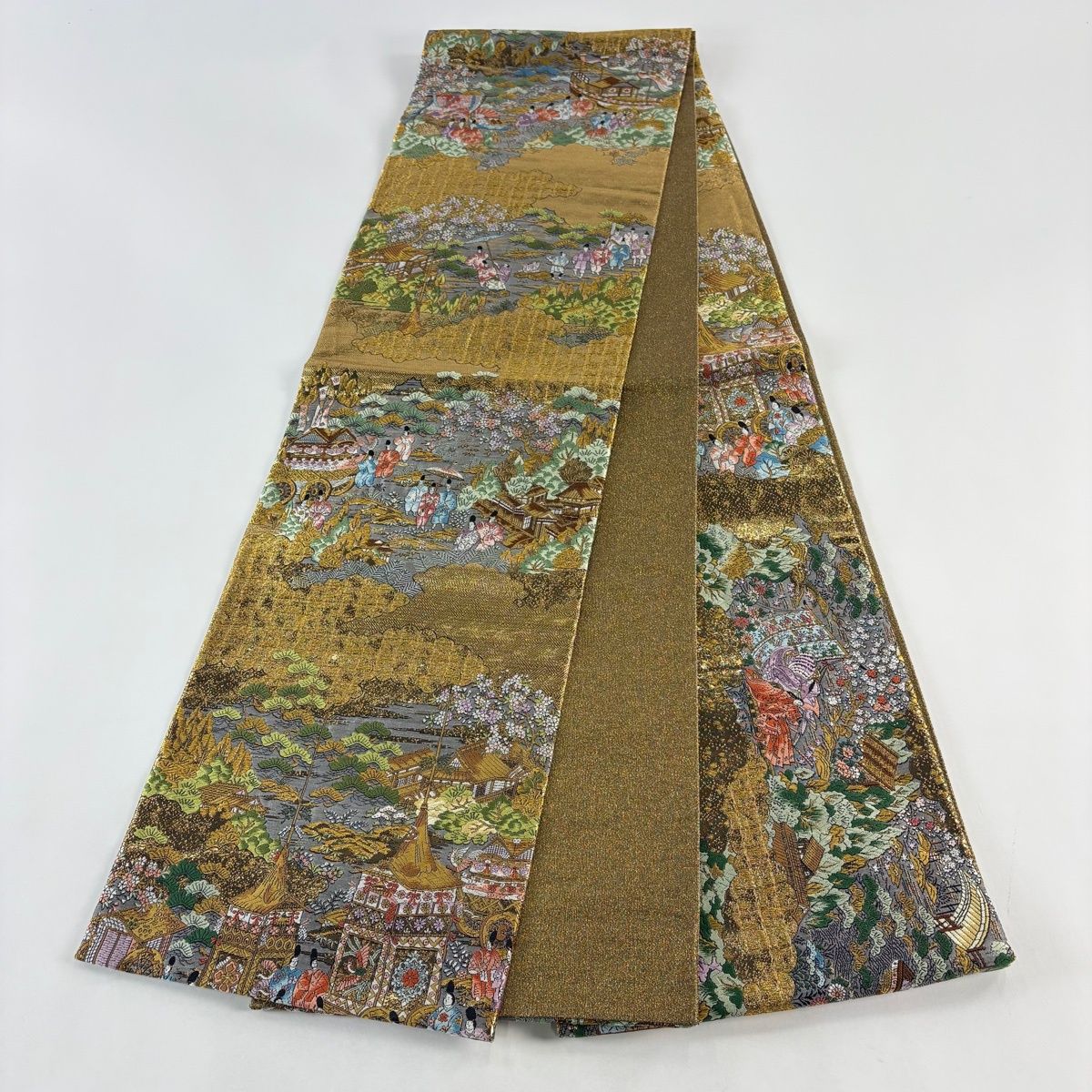  袋帯 秀品 山鉾 人物 金糸 箔 金茶 全通 正絹 袋帯 帯