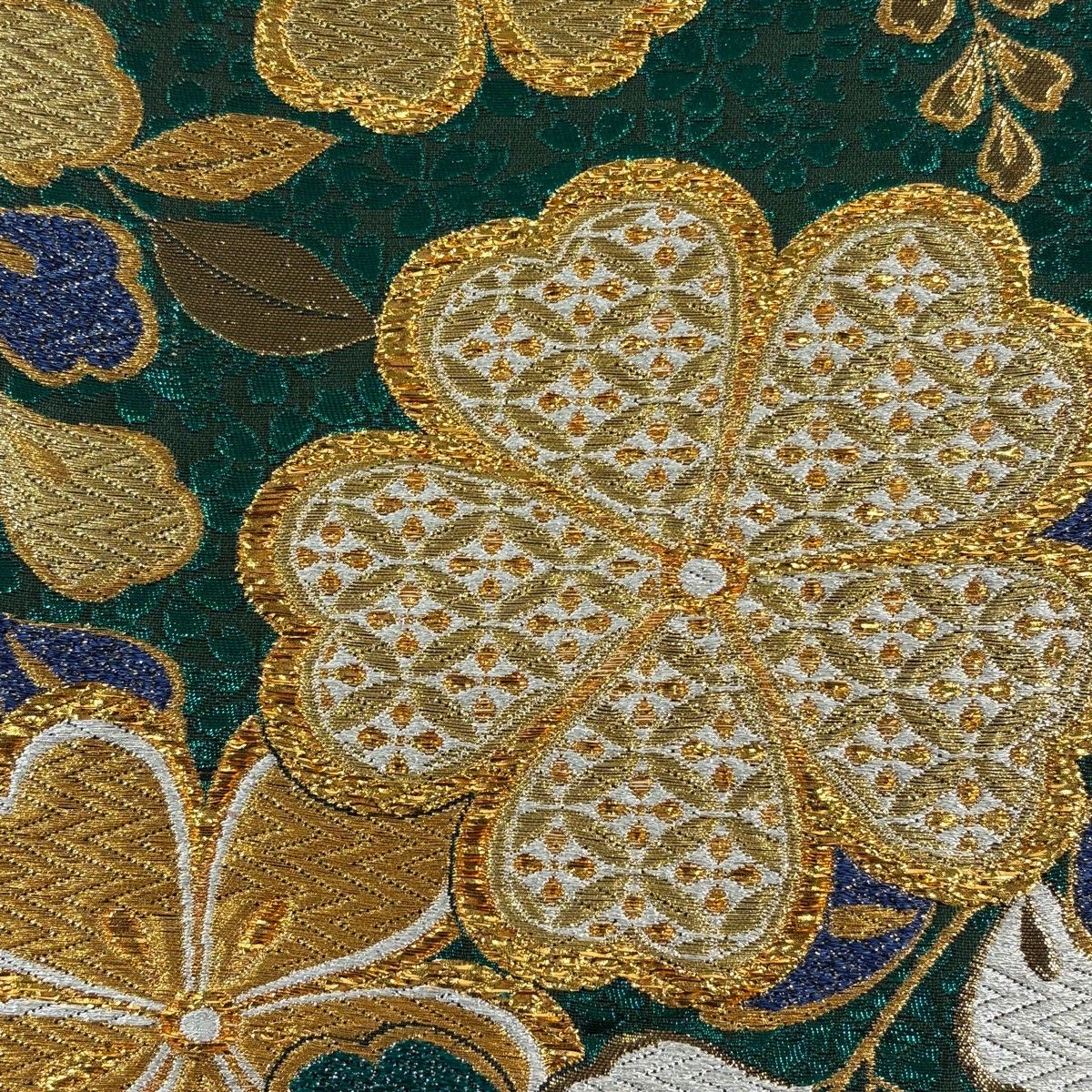 袋帯 秀品 振袖向き 草花 七宝 箔 金銀糸 青緑 六通 正絹