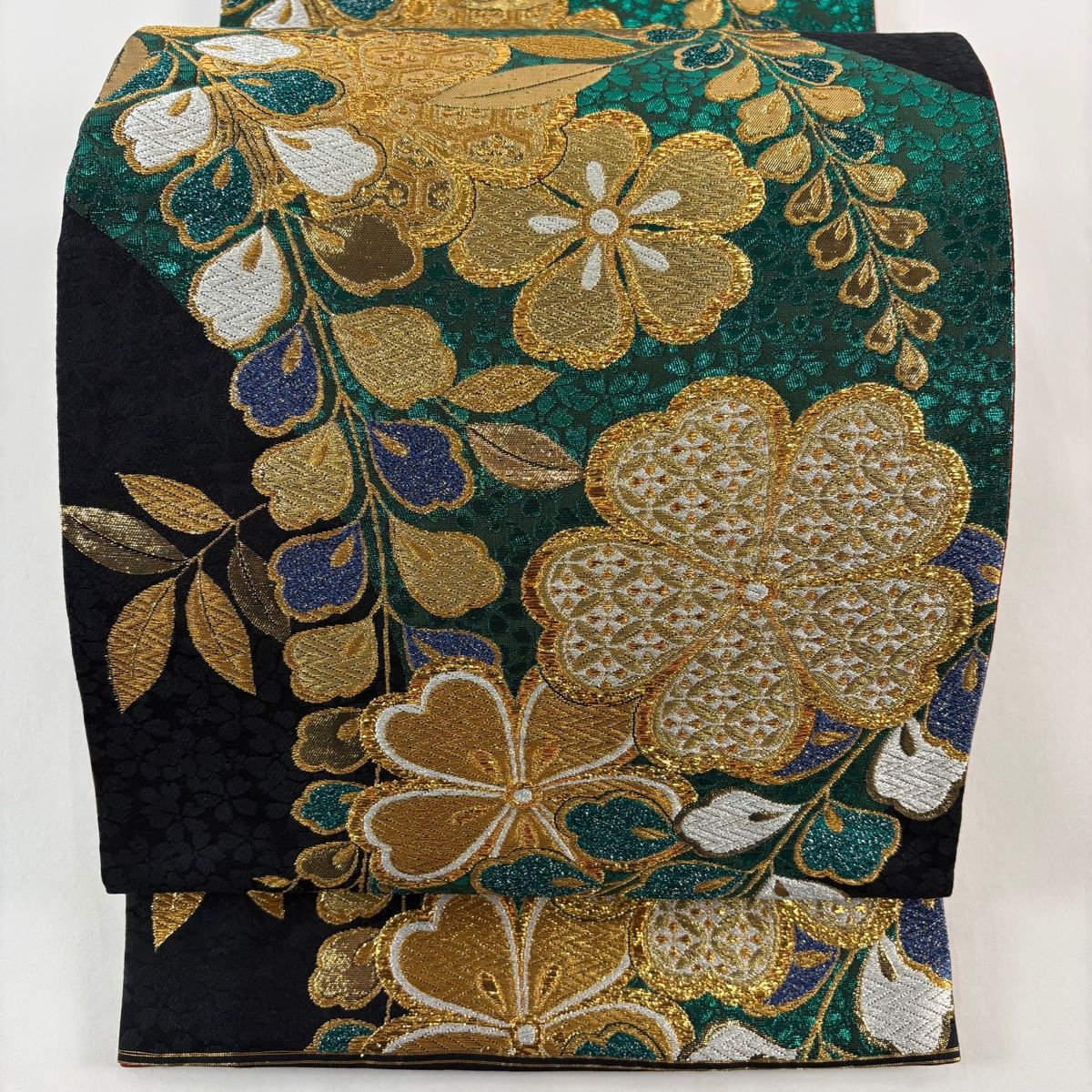 袋帯 秀品 振袖向き 草花 七宝 箔 金銀糸 青緑 六通 正絹