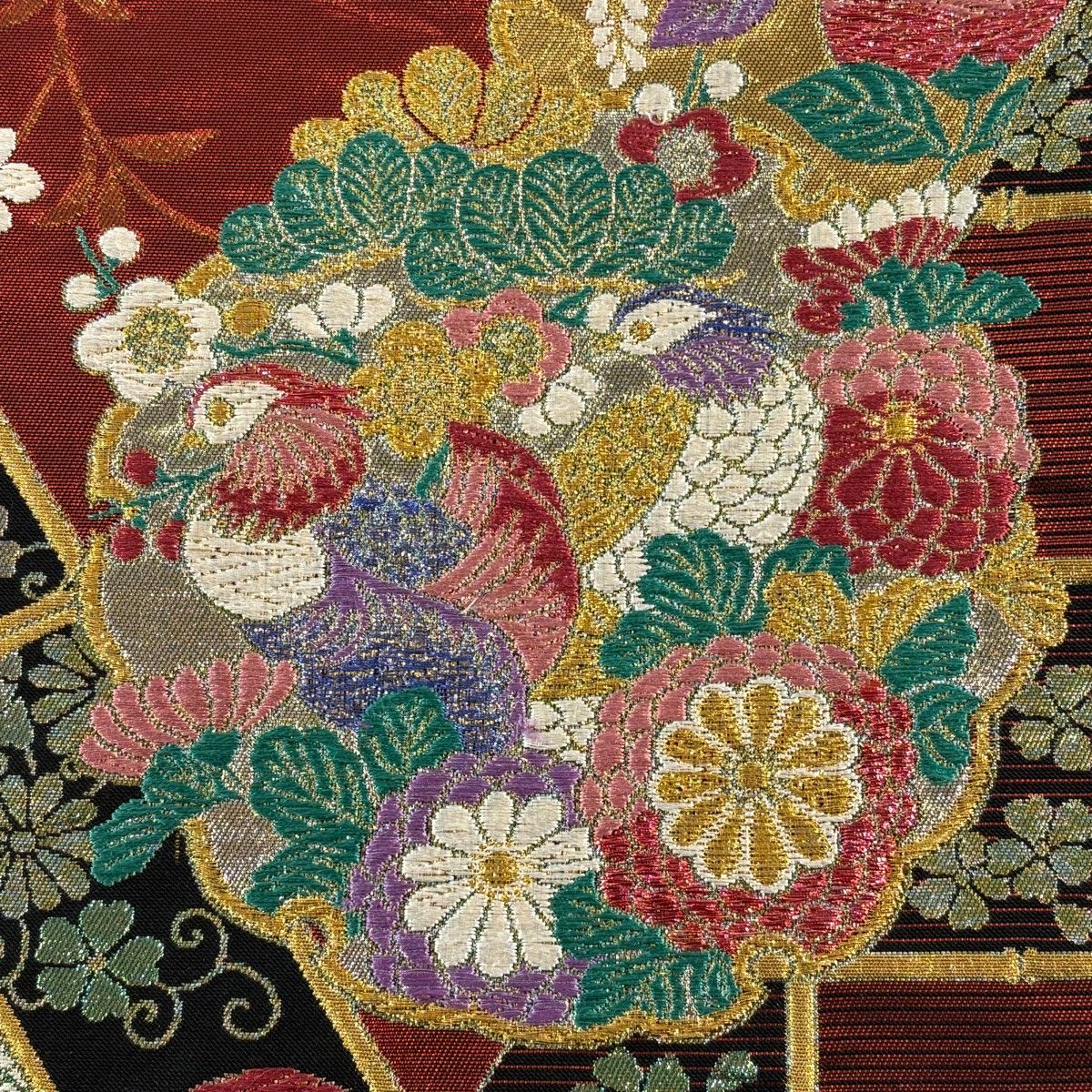 袋帯 秀品 草花 鴛鴦 金糸 箔 赤 六通 正絹