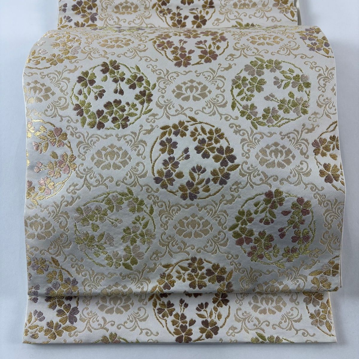 袋帯 秀品 川島織物 落款 花丸文 金糸 箔 クリーム 六通 正絹