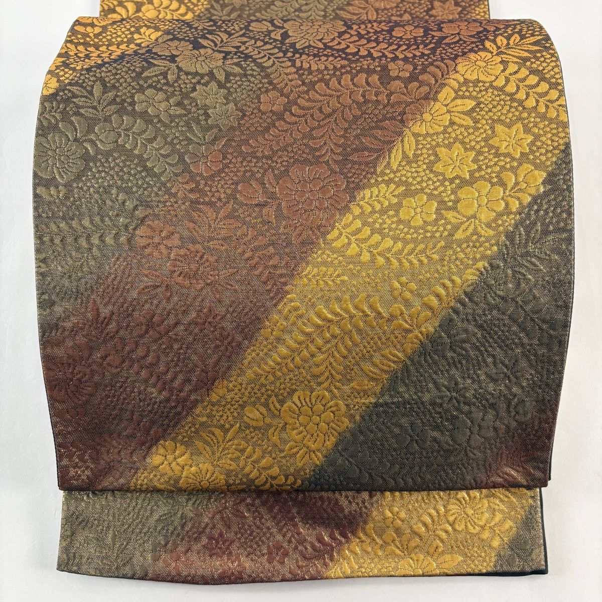 袋帯 秀品 証紙 草花 箔 茶色 全通 正絹
