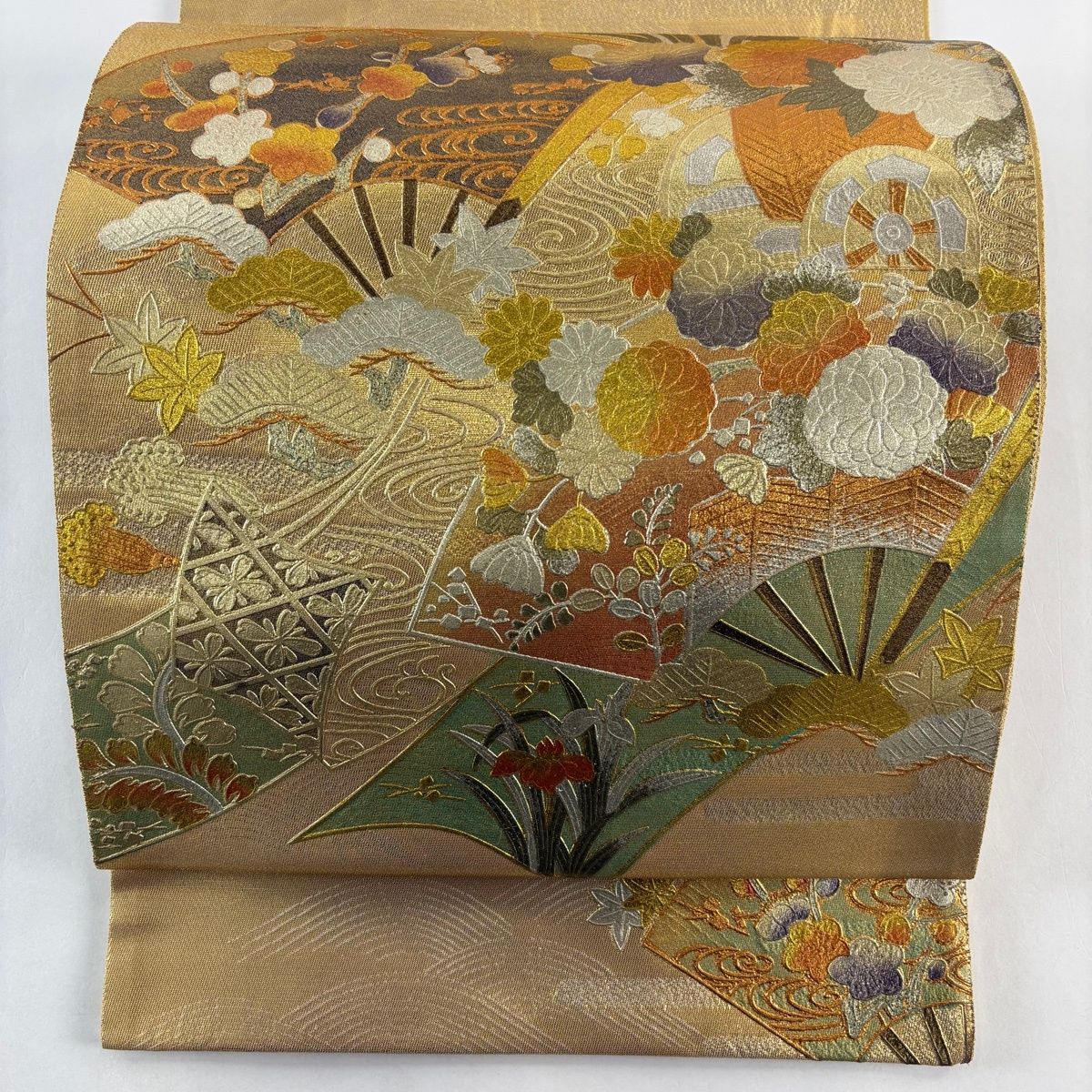 袋帯 秀品 扇 松梅 金糸 金銀彩 金色 お太鼓柄 正絹 【中古】 - メルカリ