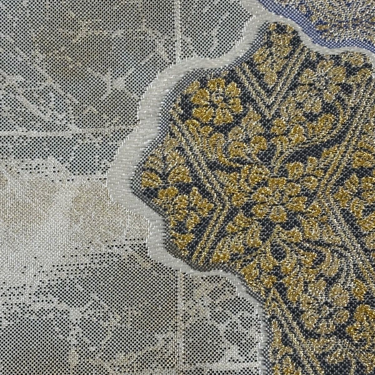 袋帯 秀品 料紙継ぎ献上文 銀糸 箔 灰色 六通 正絹