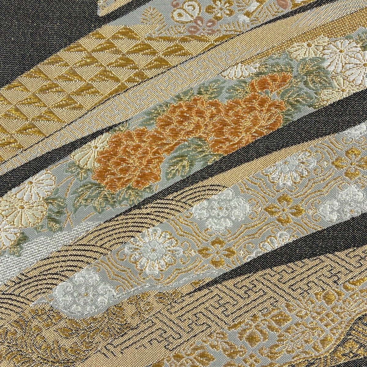 美品】 袋帯 秀品 熨斗流道文 金銀糸箔 黒灰 六通 正絹 【中古