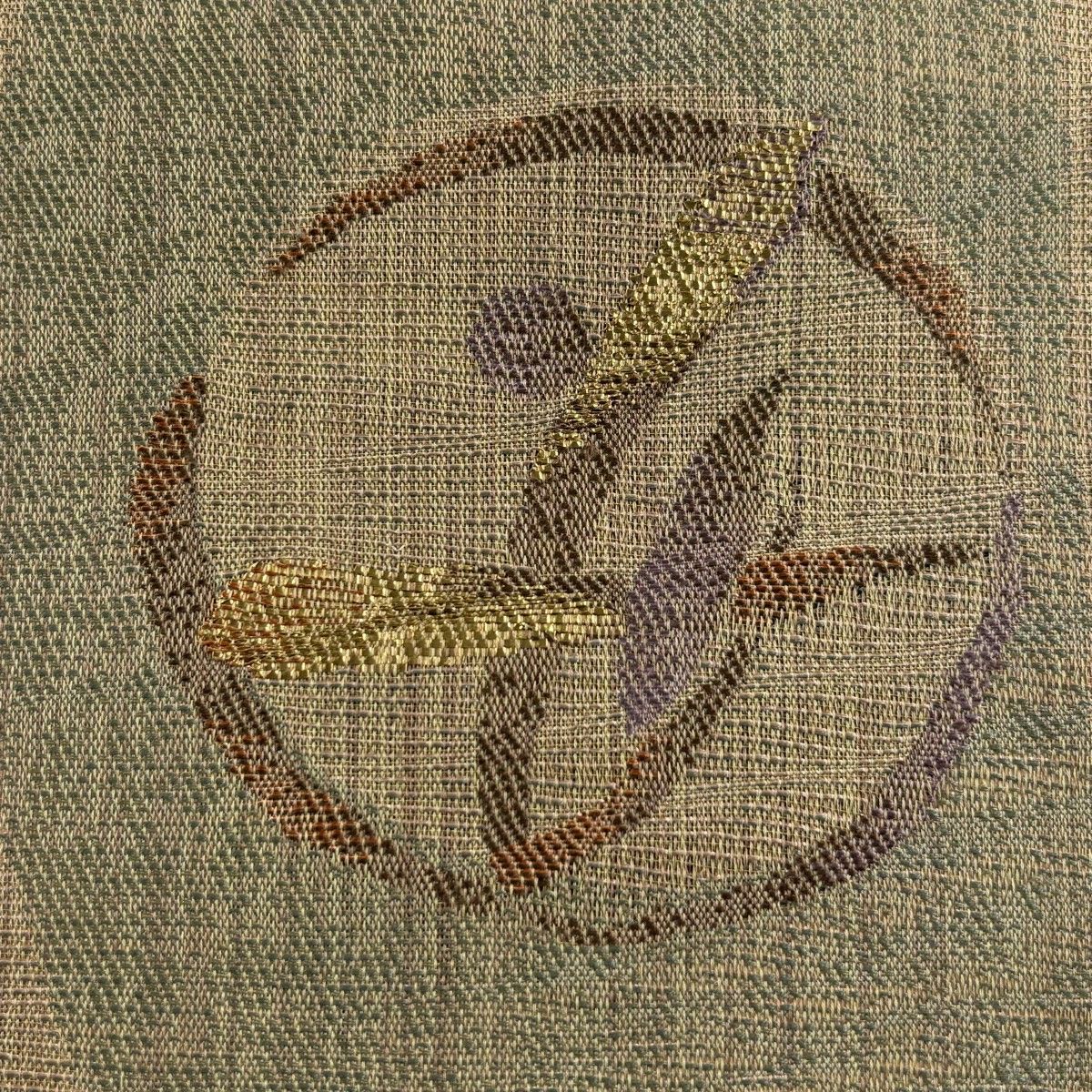 袋帯 秀品 葉 実 箔 茶緑色 お太鼓柄 正絹