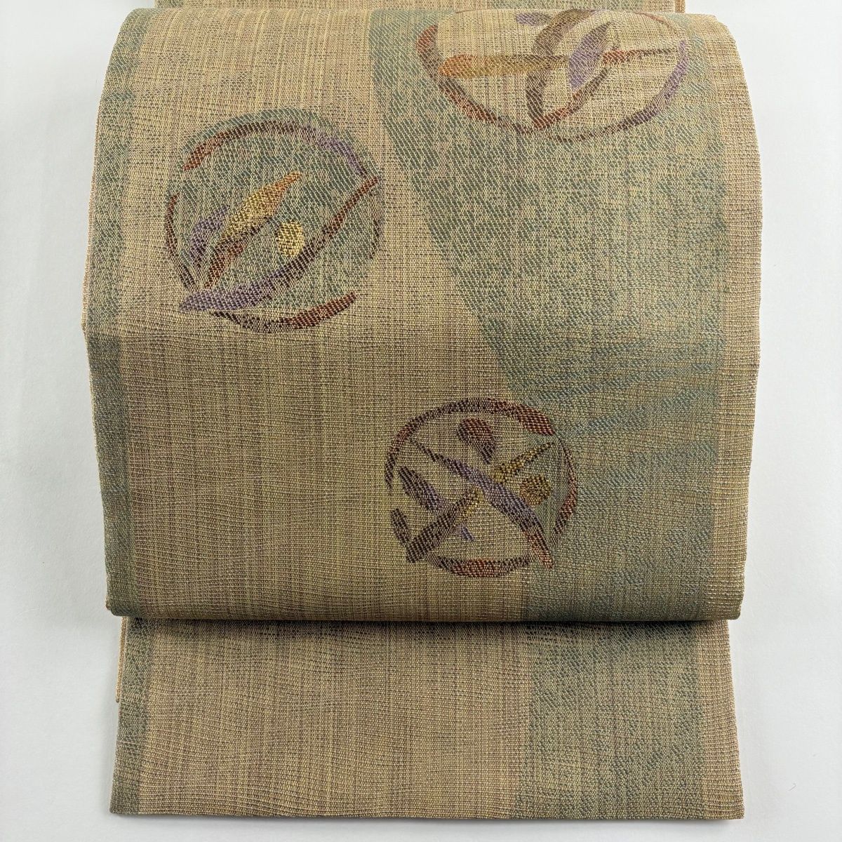 袋帯 秀品 葉 実 箔 茶緑色 お太鼓柄 正絹