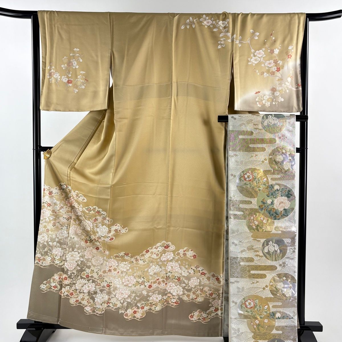 美品】 訪問着 身丈163cm 裄丈66.5cm M 袷 袋帯セット 笠松 牡丹 金糸