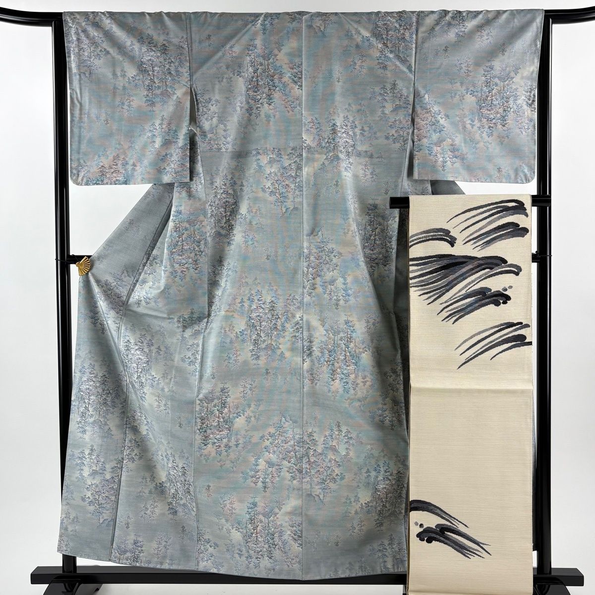 【美品】 紬 身丈159.5cm 裄丈65cm M 袷 袋帯セット 樹木 青灰色 正絹 秀品 【】