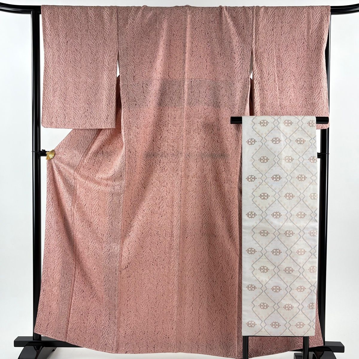 小紋 身丈161.5 cm 裄丈67 M 袷 名古屋帯セット 木目絞り ピンク 正絹 秀品