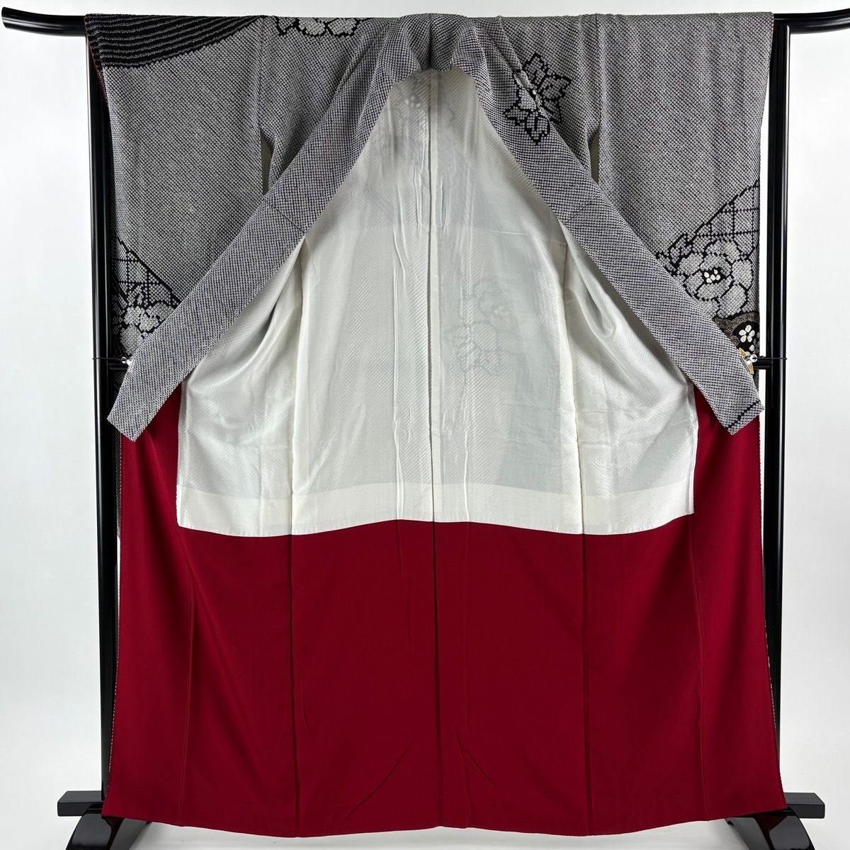  振袖 身丈162.5 cm 裄丈66.5 M 袷 袋帯フルセット 牡丹 梅 金糸 絞り 黒 正絹 振袖 着物