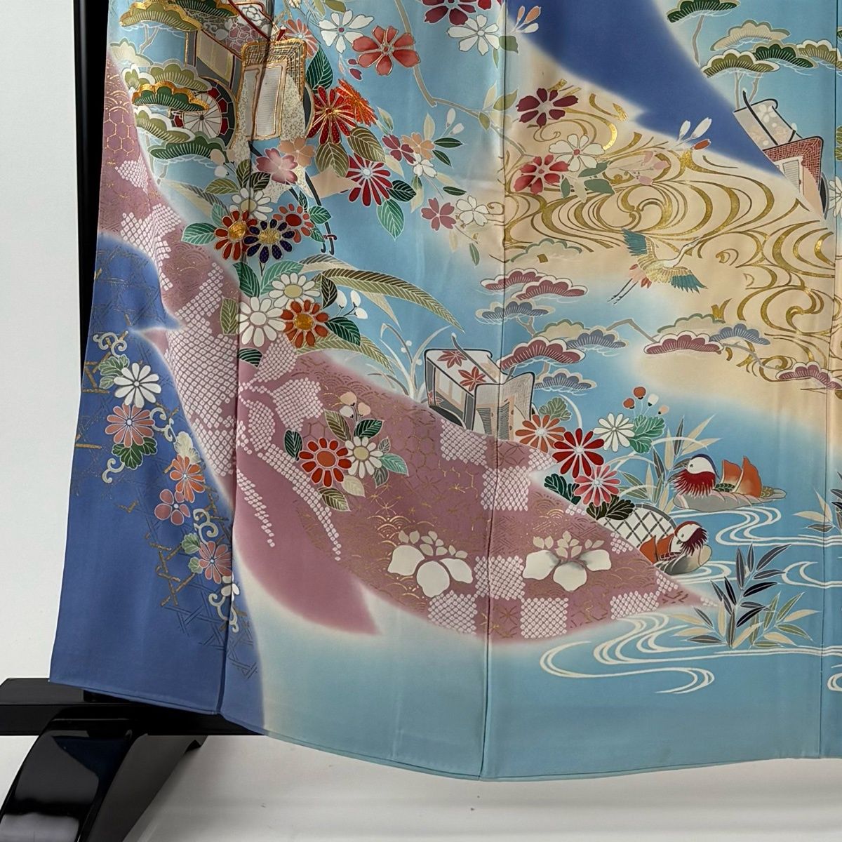 振袖 身丈161 cm 裄丈65 M 袷 千總 落款 御所車 草花 金糸 金彩 水色 正絹