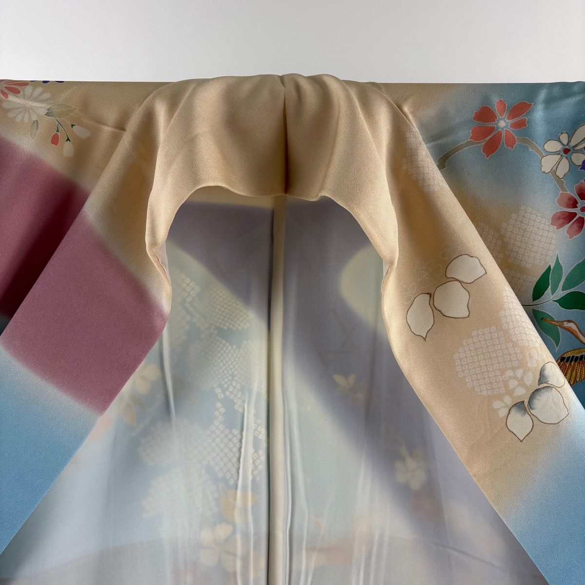  振袖 身丈161 cm 裄丈65 M 袷 千總 落款 御所車 草花 金糸 金彩 水色 正絹 振袖 着物