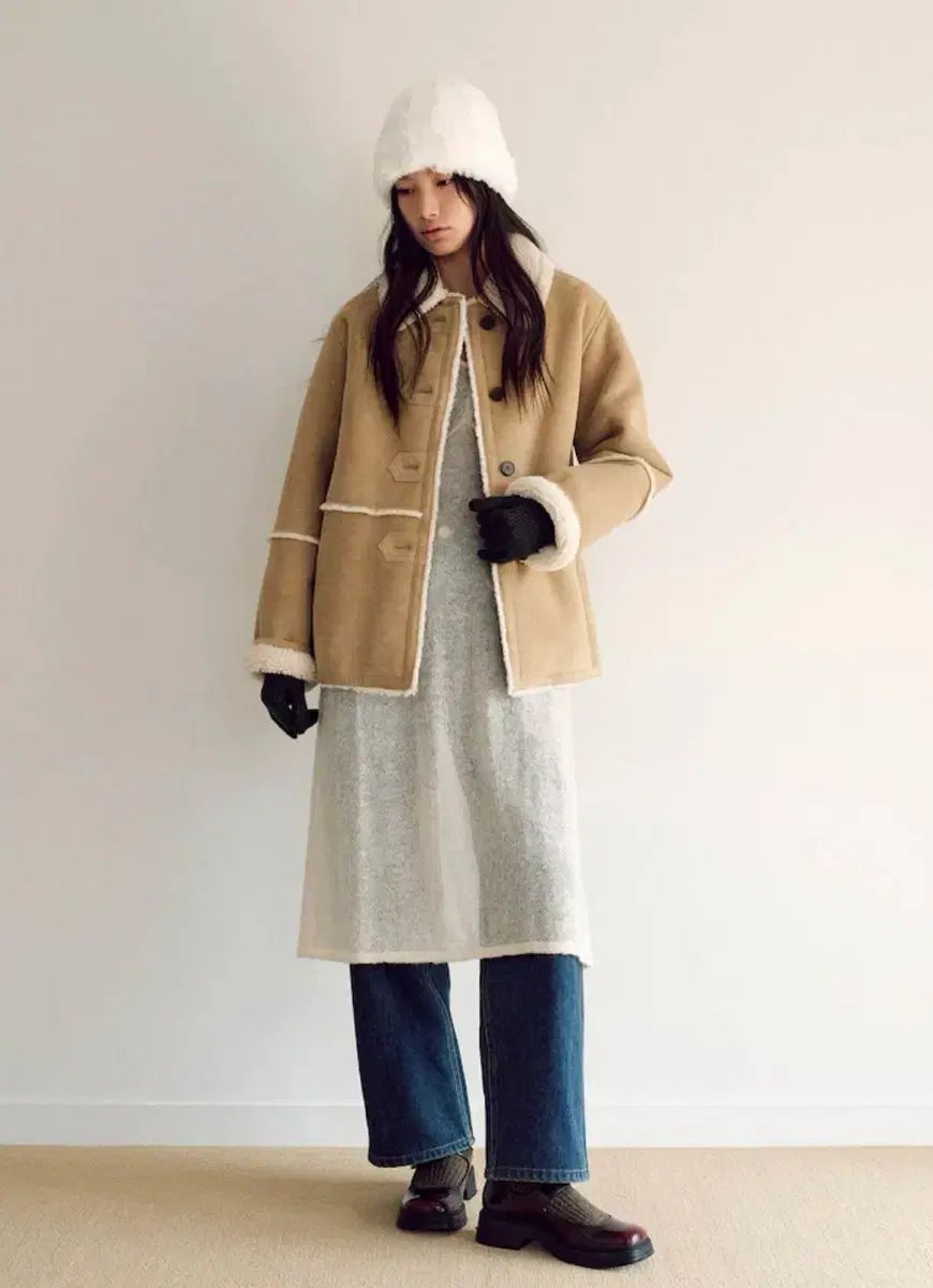 KUHO PLUS Shearling スウェード ミディ ムートンコート ベージュ