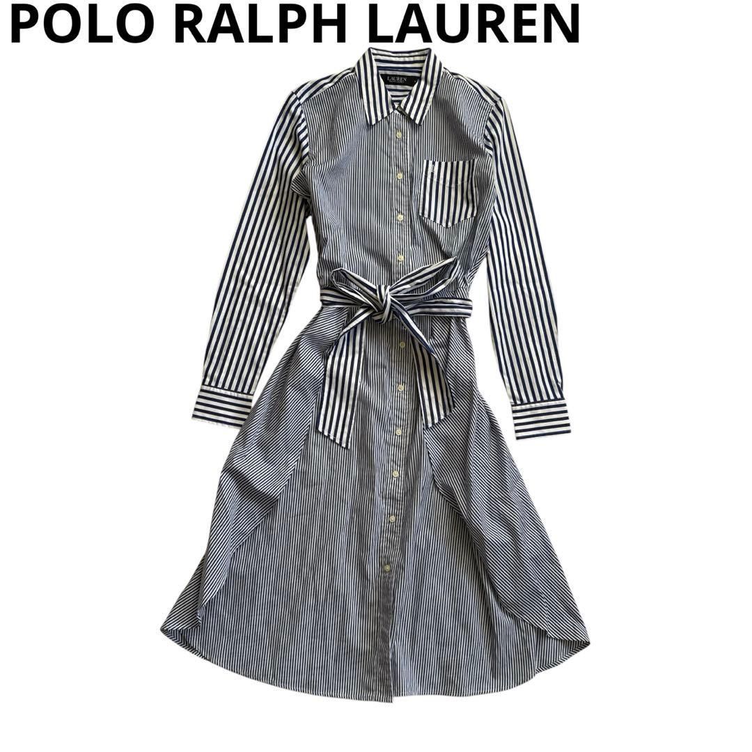ローレンラルフローレン　ワンピース　ベルト付き　ストライプ　S〜M相当 ローレンラルフローレン ワンピース ベルト付き ストライプ S〜M相当