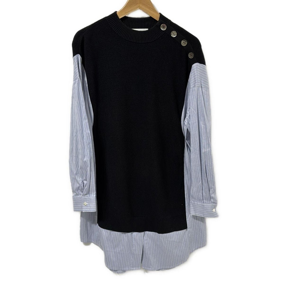 NEMIKA by Leilian ネミカ チュニック サイズ1 S レディース 黒 ライトブルー マルチ ハイネック 長袖 ニット ストライプ