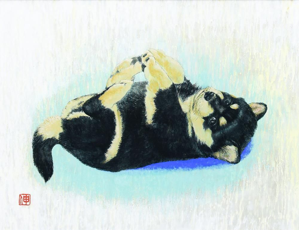 黒柴　日本画 真作】【WISH】岡江伸「遊」日本画 6号 金泥 共シール 一枚の絵取扱