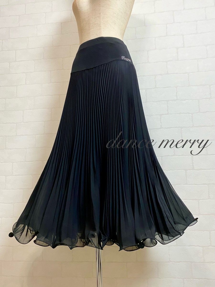 MERRY プリーツ シフォン 社交ダンス スカート 黒 パーティ レッスン 1302