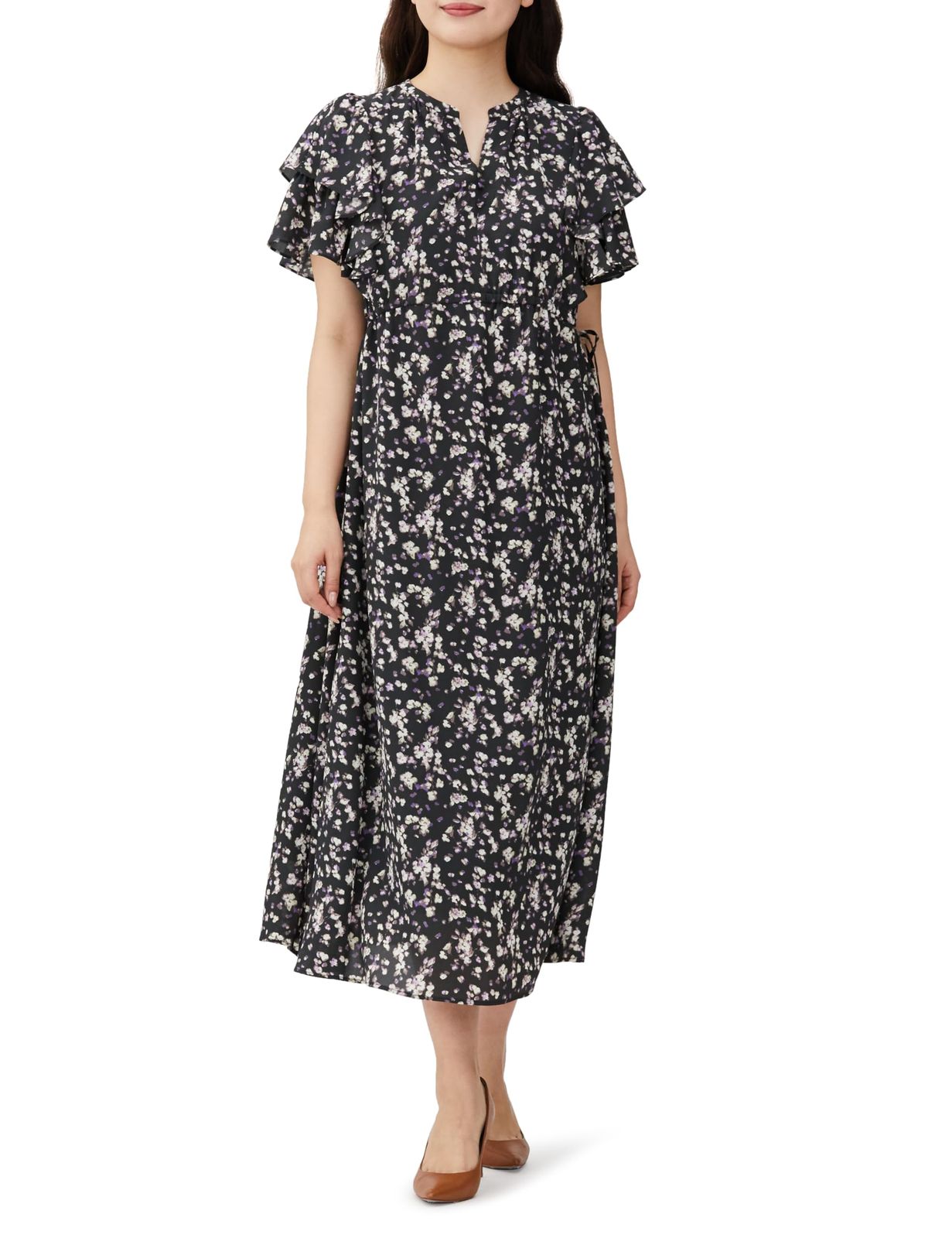 ナチュラルビューティーベーシック カジュアルドレス ミニフラワーフリルスリーブワンピース差込 レディース クロベース