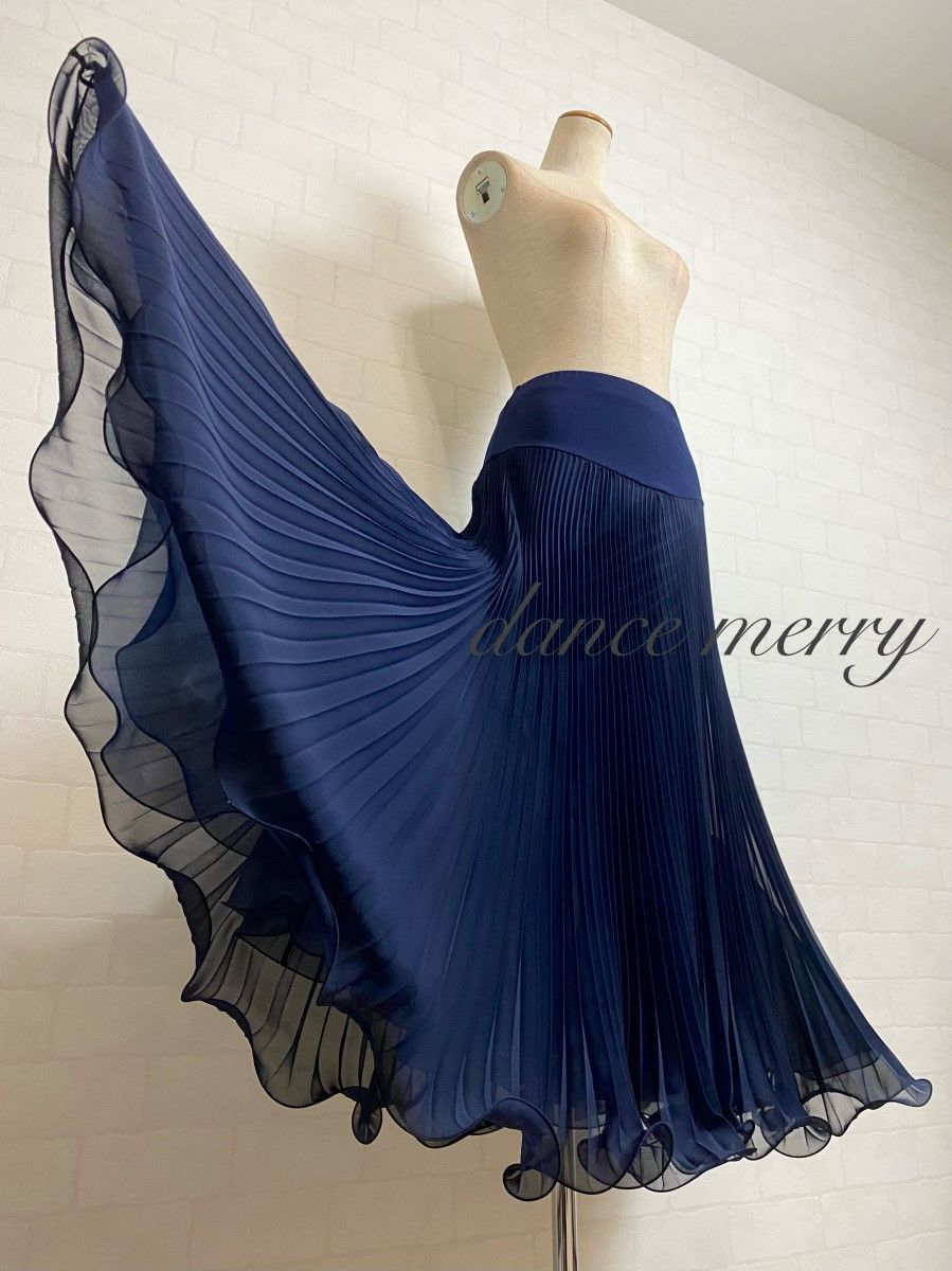 MERRY プリーツ シフォン 社交ダンス スカート 紺 ネイビー パーティ レッスン 1302