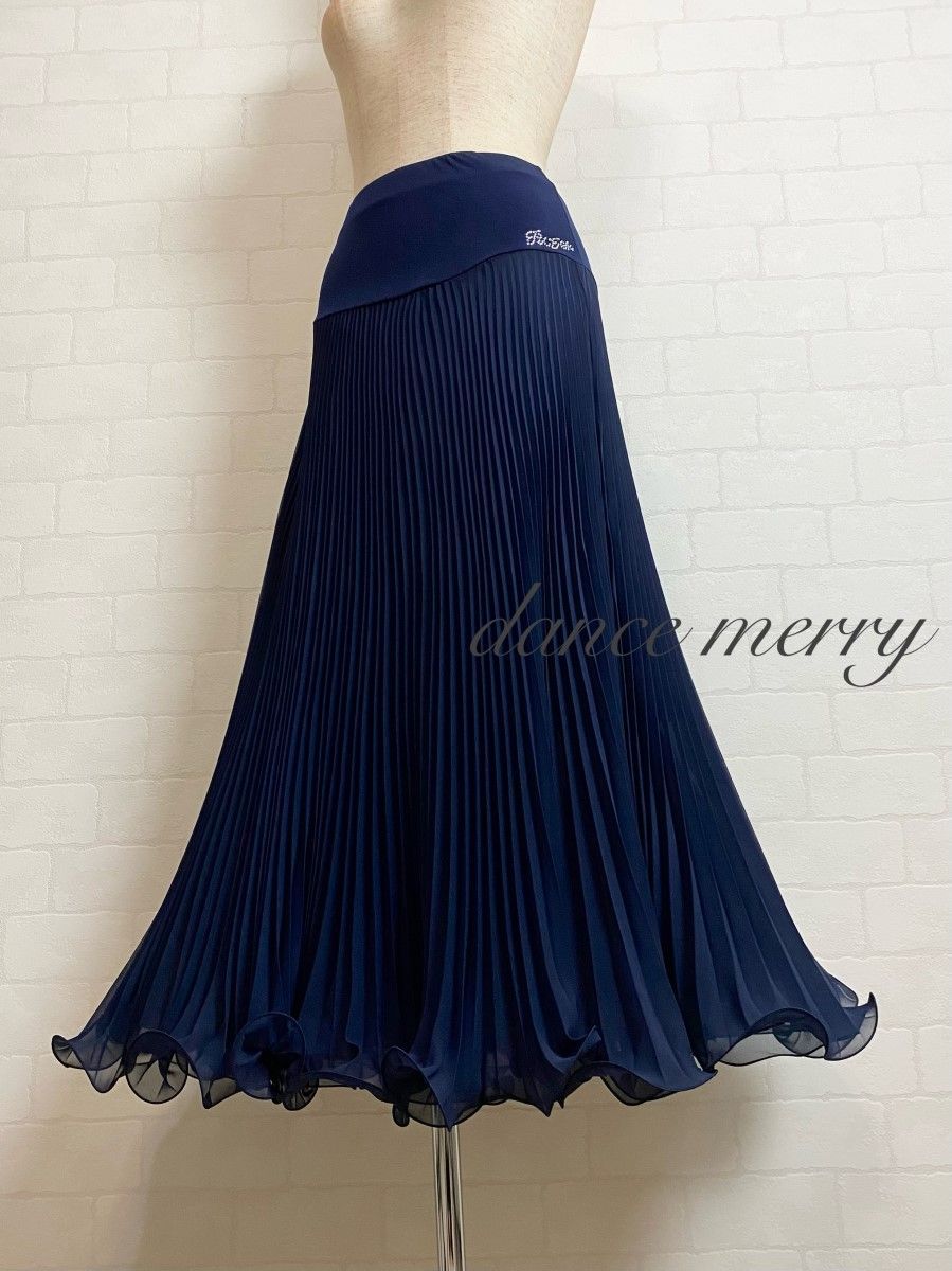 MERRY プリーツ シフォン 社交ダンス スカート 紺 ネイビー パーティ レッスン 1302