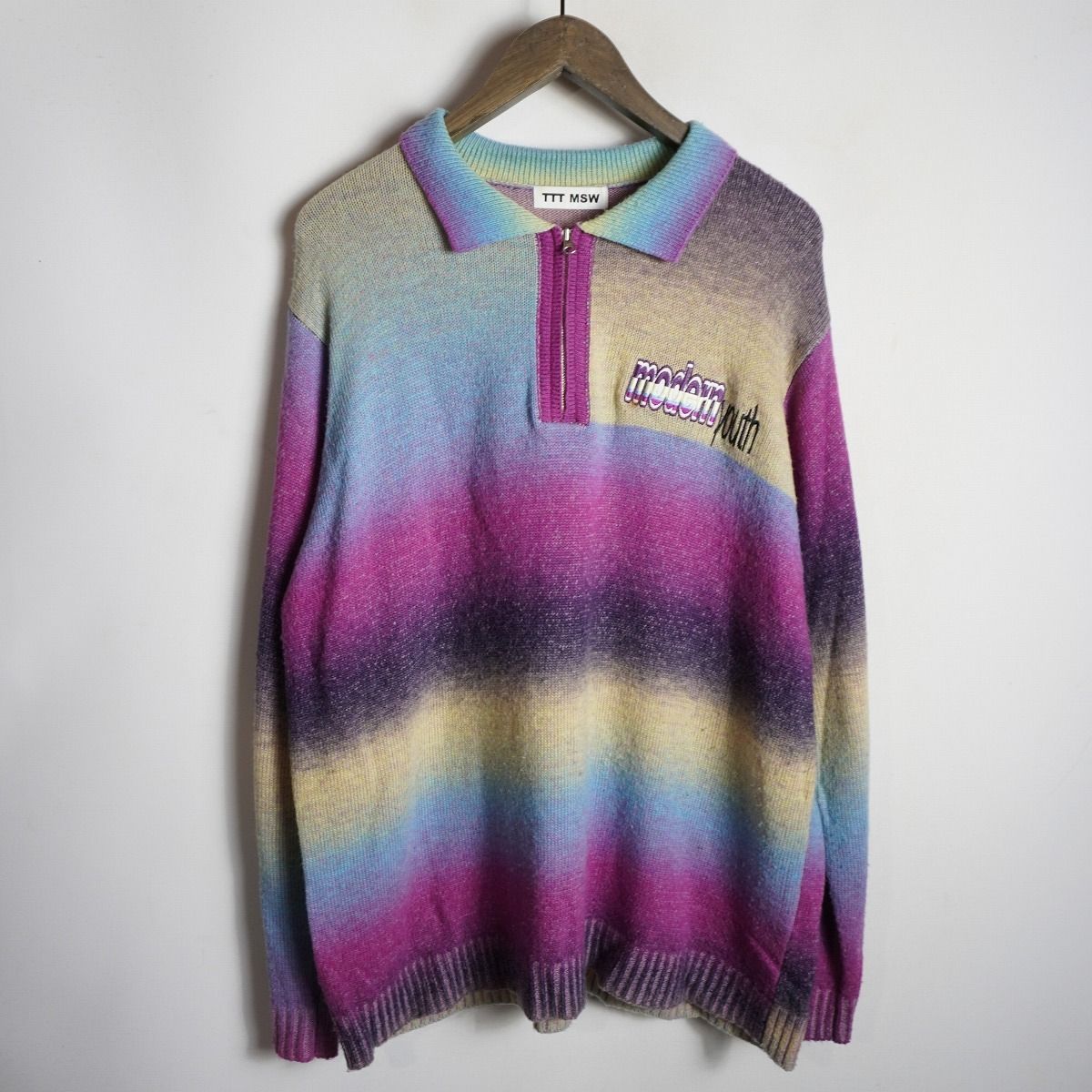 TTT MSW Kasuri Knit polo ニットポロ 正規 22AW ttt ティー Kasuri Knit polo 長袖 カスリ ハーフ ジップ