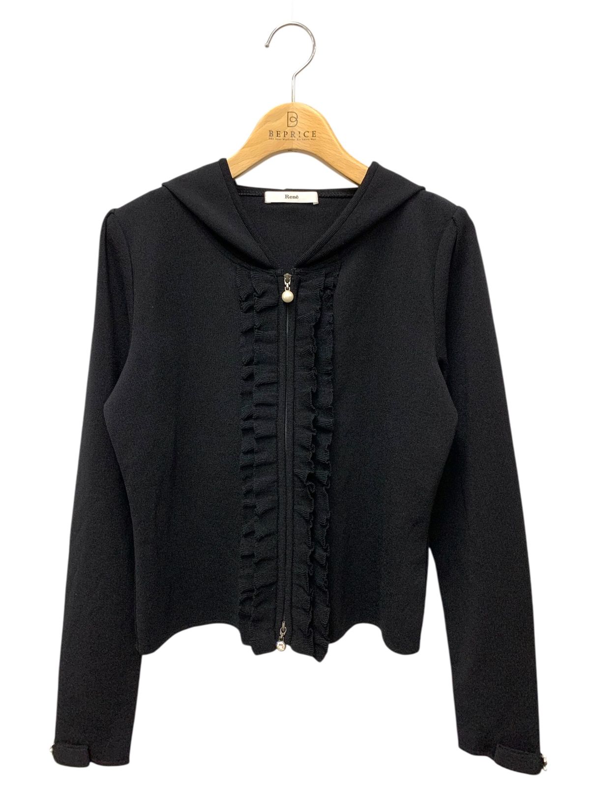 ルネ 6932480 パーカー 38 ブラック ジップアップ フリル パールリボン