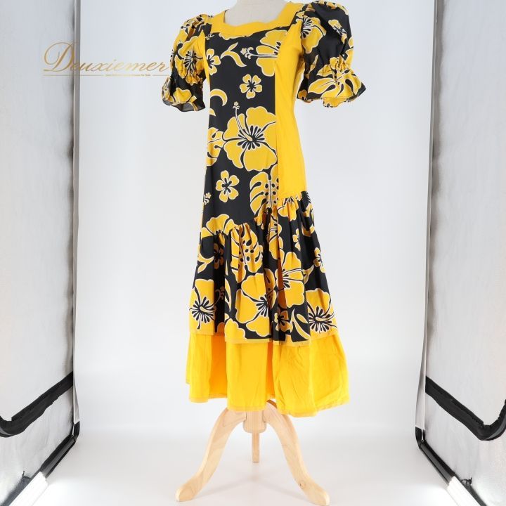 フラダンス 衣装 ワンピース ドレス Lei lani イエロー系 ハイビスカス